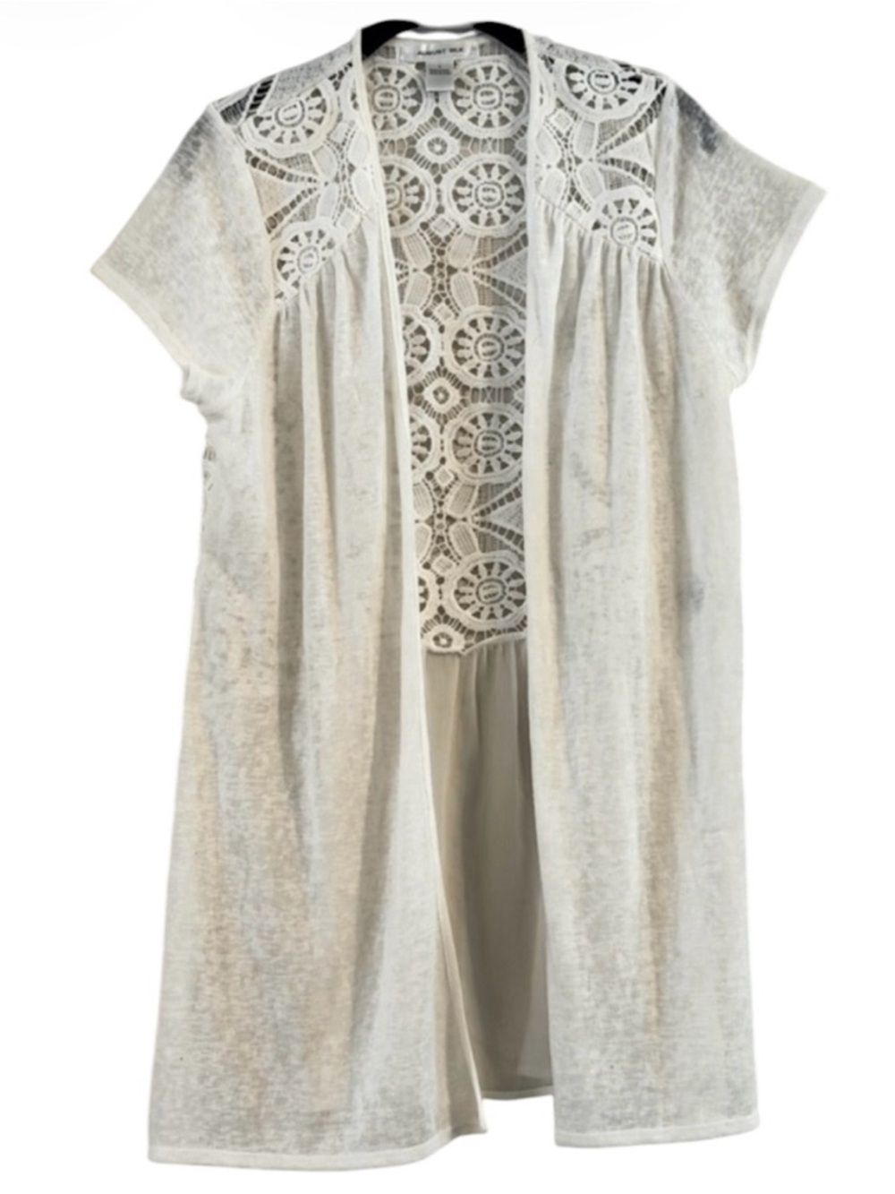 August Silk White Crochet Lace Cardigan Open Front Short Sleeve Size L